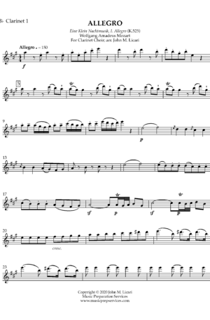 “Allegro” from Eine Klein Nachtmusik (K.525) – W.A. Mozart, arr. John M. Licari (For Clarinet Choir)