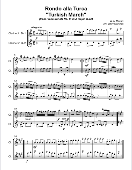 Score Preview of Mozart's Turkish March for Clarinet Duet
