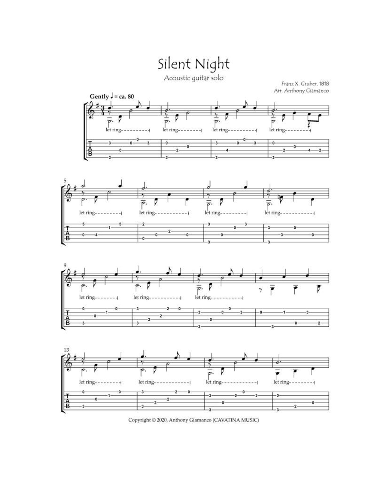 《Silent Night》指弹吉他谱_简单版独奏六线谱_指弹吉他教学 - 吉他屋乐谱网