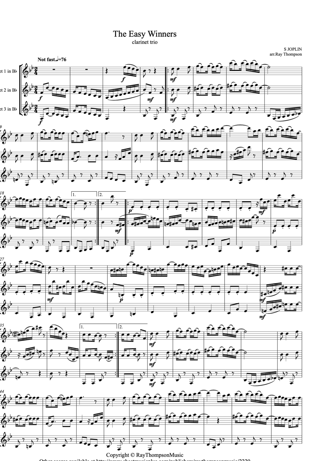 Scott Joplin The Easy Winners (Rag) Trio Sheet Music