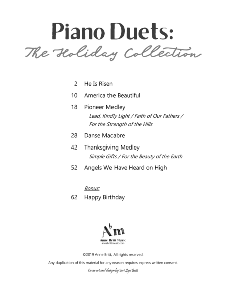 Piano Duets Holiday Collection TOC