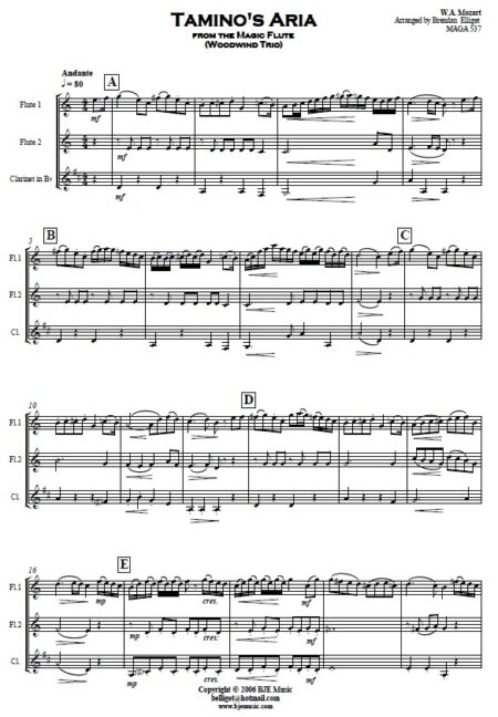 182 Taminos Aria from The Magic Flute Woodwind Trio 2 Flutes and Clarinet SAMPLE page 01