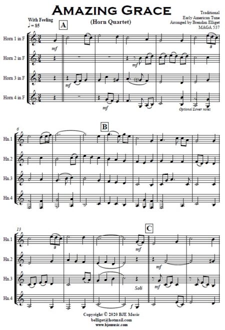463 Amazing Grace Horn Quartet SAMPLE page 01
