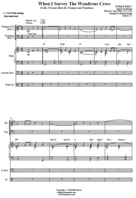 277 When I Survey The Wodrous Cross Celtic Version Duet for Trumpet and Trombone and PIANO SAMPLE page 01