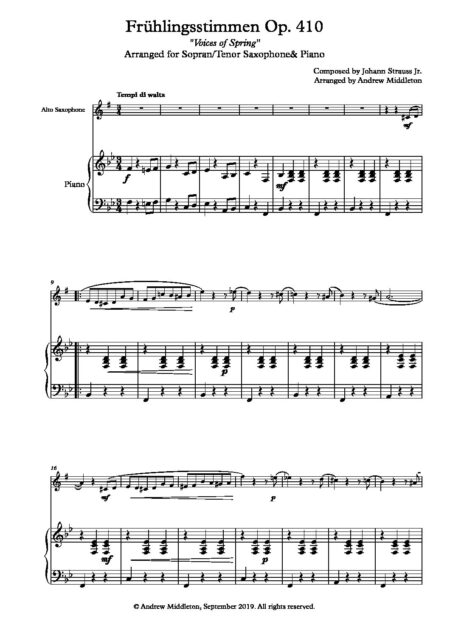 Fruhlingsstimmen for E flat sax and piano Full Score pdf
