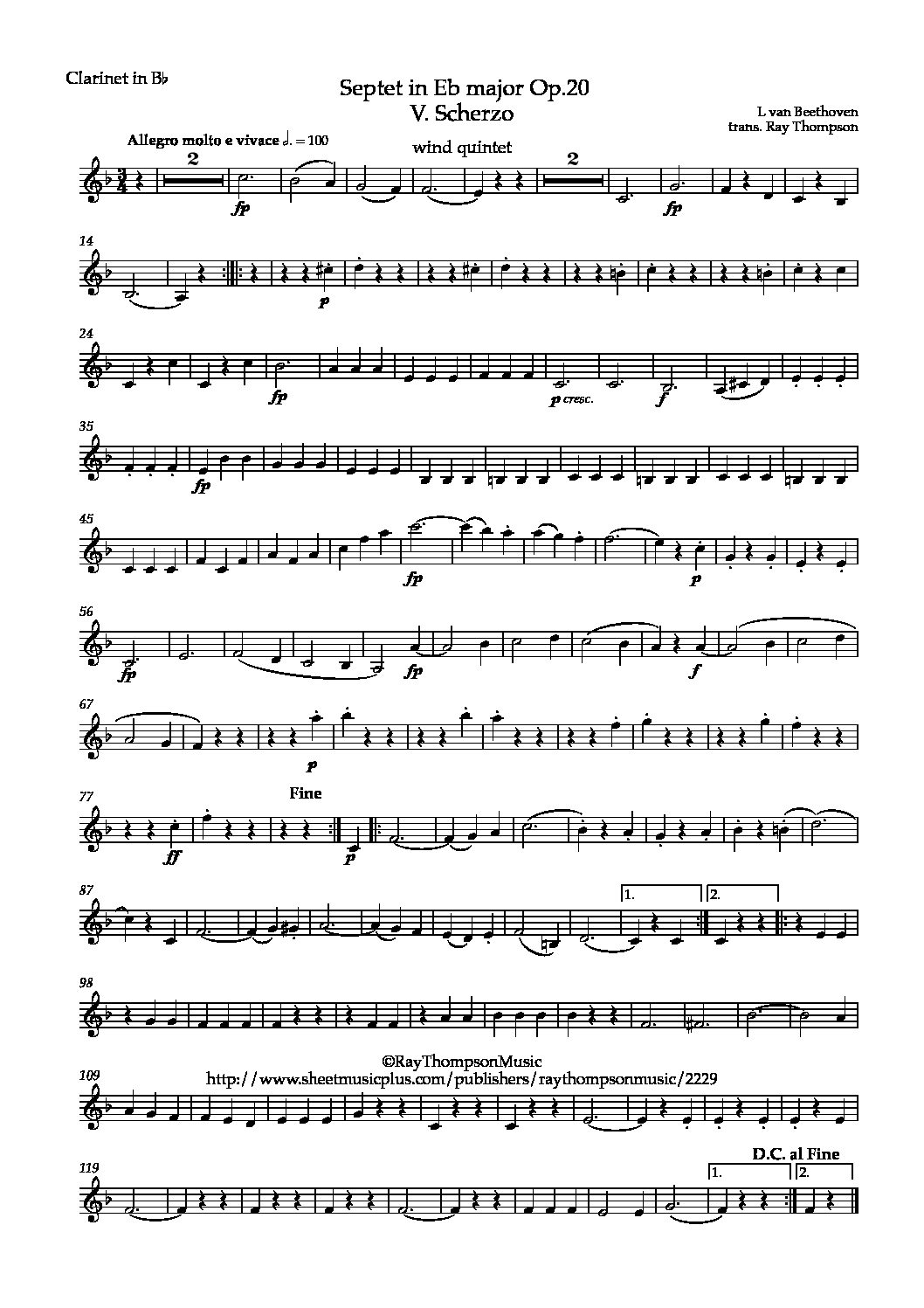 Beethoven Septet Op Movement V Scherzo Wind Quintet Sheet Music Marketplace