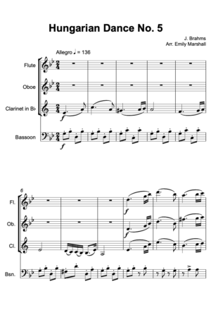Hungarian Dance No. 5 – J Brahms (for Woodwind Quartet)
