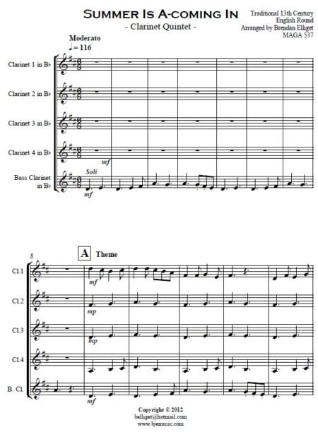 172 Summer Is A coming In Clarinet Quintet SAMPLE page 01