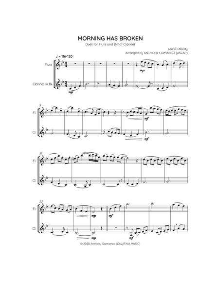 MORNING HAS BROKEN - flute/clarinet