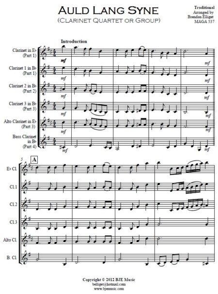 372 Auld Lang Syne Clarinet Quartet or Group SAMPLE page 01