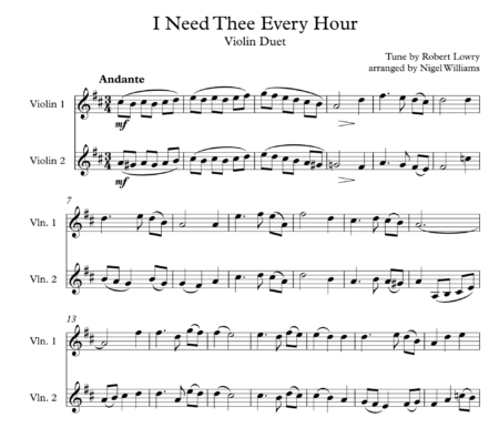 I Need Thee Every Hour, for Violin Duet