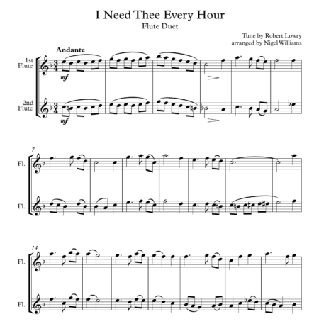 I Need Thee Every Hour, for Flute Duet