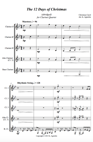 The 12 Days of Christmas – Jazz Carol for Clarinet Quartet