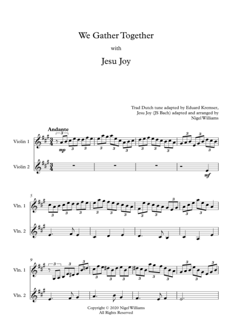 We Gather Together, with Jesu Joy, for Violin Duet