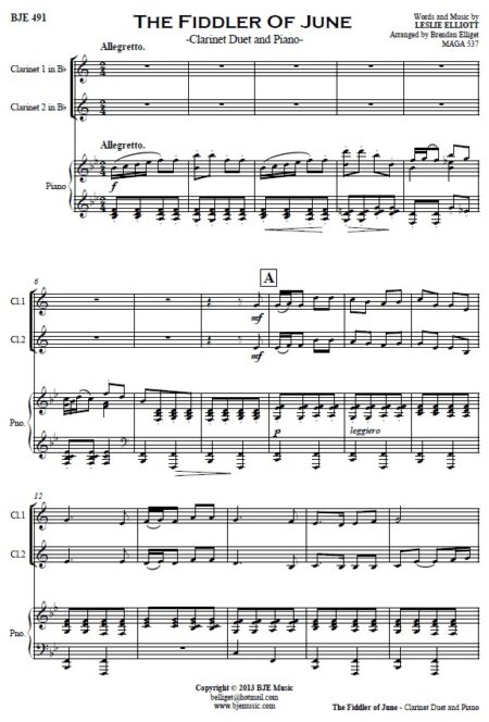 491 The Fiddler of June Clarinet Duet with Piano SAMPLE page 01