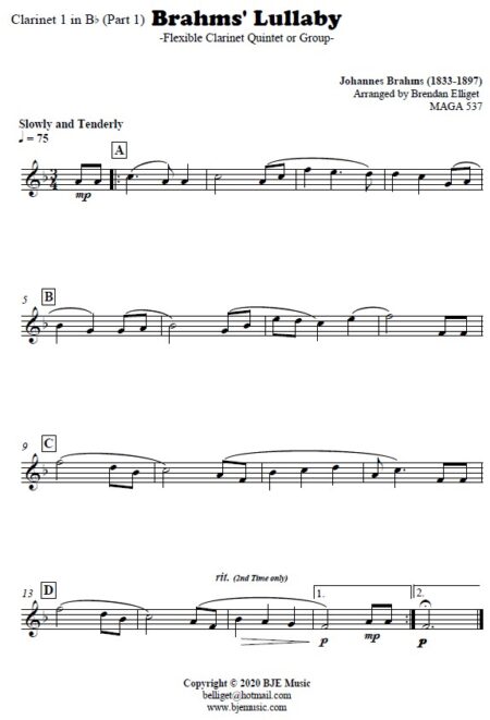 486 Brahms Lullaby Clarinet Quintet SAMPLE page 02
