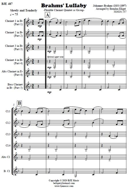 486 Brahms Lullaby Clarinet Quintet SAMPLE page 01