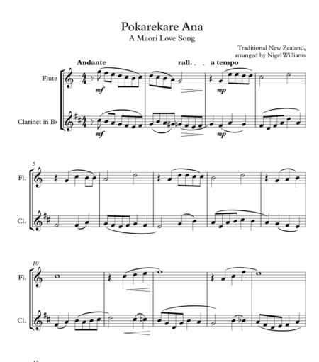 Pokarekare Ana, for Flute and Clarinet