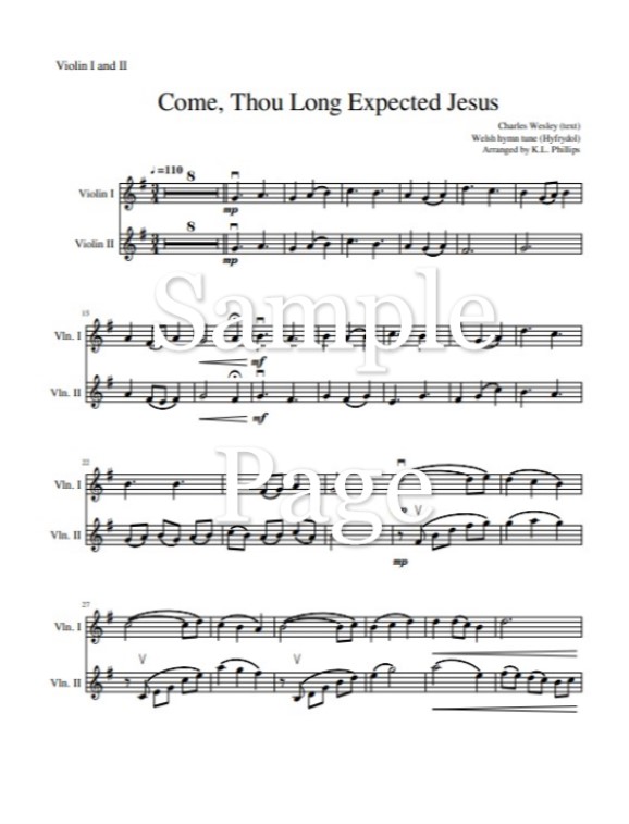 Come, Thou Long Expected Jesus – Violin Duet with Piano Accompaniment