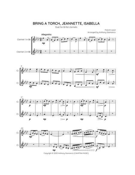 Bring a Torch, J.I. - clarinet duet (1st pg.)
