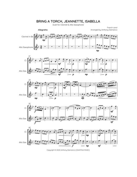 Bring a Torch...clarinet/alto sax (score, pg. 1)