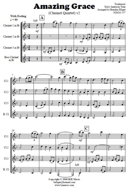155 Amazing Grace Clarinet Quartet SAMPLE page 01