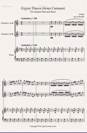 “Gypsy Dance” (From Bizet’s Carmen). For Clarinet Duet and Piano- Intermediate.