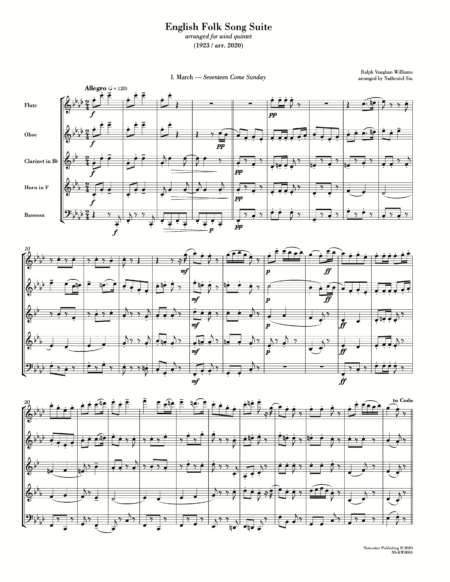 First page of the sheet music for Vaughan Williams Folk Song Suite arranged for wind quintet