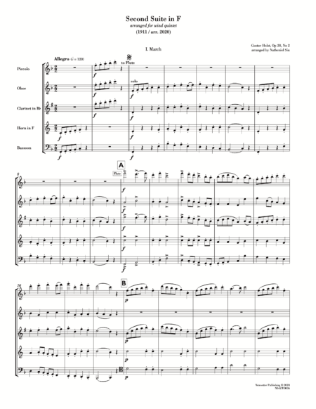First page of the sheet music for Holst Second Suite arranged for wind quintet