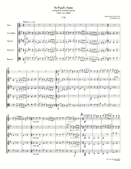 First page of the sheet music for Holst St Paul’s Suite arranged for wind quintet
