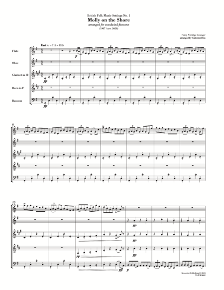 First page of the sheet music for Molly On The Shore arranged for wind quintet