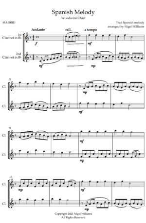Spanish Melody, for Clarinet Duet