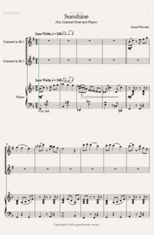 “Sunshine” A Jazz Waltz for Clarinet Duet and Piano- Intermediate