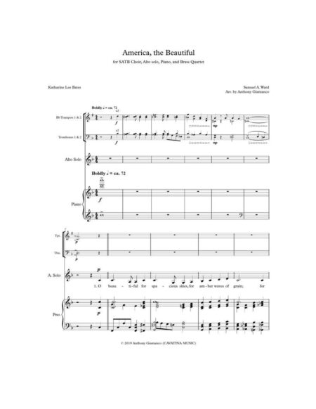 AMERICA THE BEAUTIFUL choir solo brass piano page1
