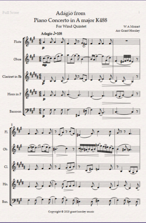 “Adagio” from Piano Concerto in A major K488 (Mozart) Arranged for Wind Quintet