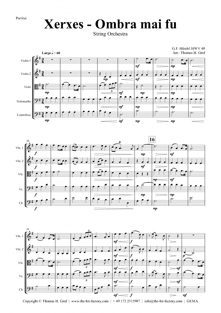 Xerxes Largo - Ombra Mai Fu - String Orchestra - Sheet Music 