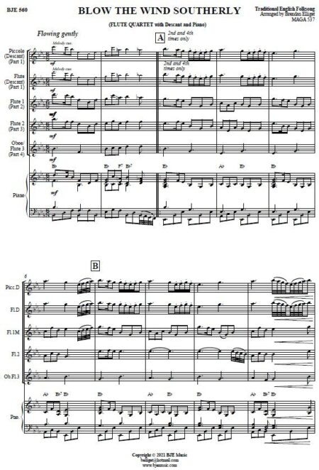 560 Blow The Wind Southerly Flute Quartet wiith Descant and Piano SAMPLE page 001