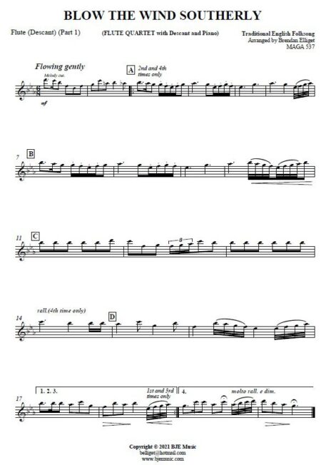 560 Blow The Wind Southerly Flute Quartet wiith Descant and Piano SAMPLE page 002