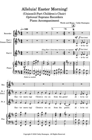 Alleluia! Easter Morning! (Unison/2-Part Children’s Choir, Optional Recorders, Piano Accompaniment)