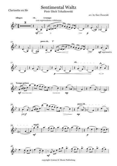 Piotr Ilitch Tchaikovski Sentimental Waltz arr. for Piano Clarinet by Ilan Chouraki 10