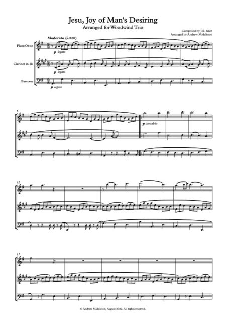 Jesu Joy of Mans Desiring wind trio Score and parts