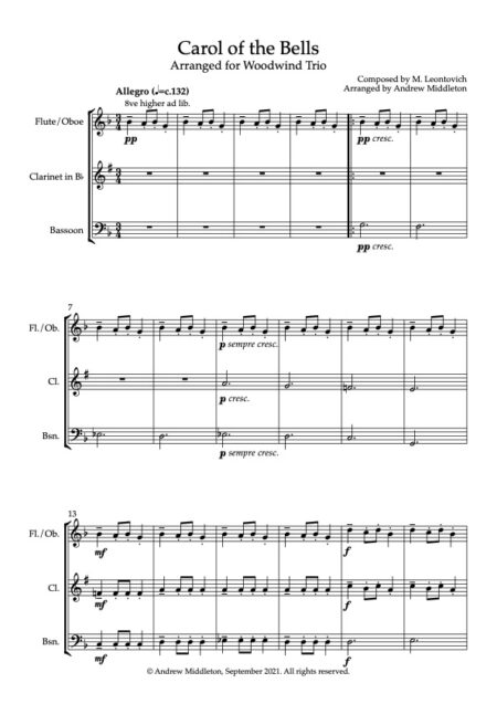 Carol of the Bells Arranged for Woodwind Trio Score and parts