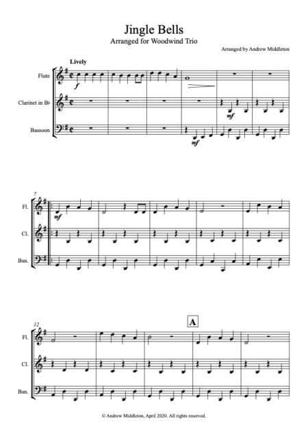Jingle Bells Arranged for Woodwind Trio Score and parts