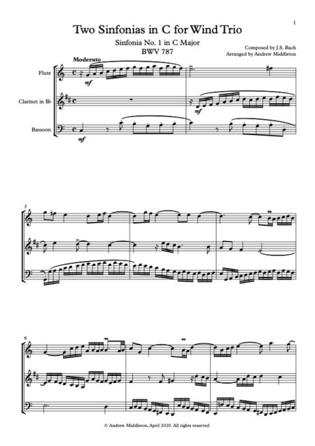 Sinfonia in C flute clarinet bsn Score and parts