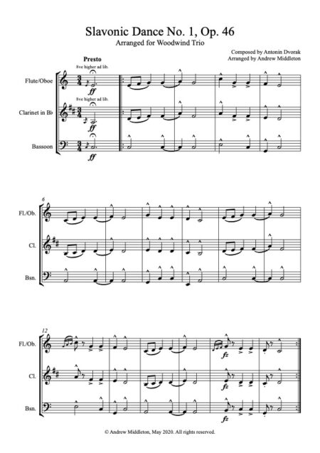 Slavonic Dance No. 1 for ww trio Score and parts