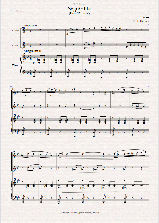 “Seguidilla” From Bizet’s “Carmen”. Violin Duet and Piano