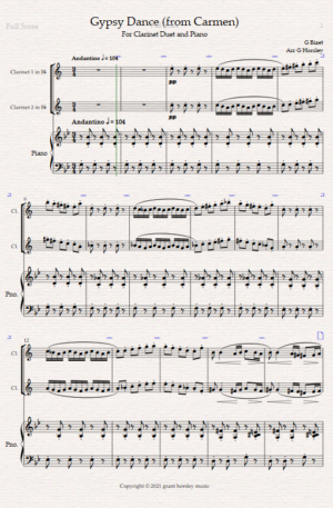 “Gypsy Dance” (From Bizet’s Carmen). For Clarinet Duet and Piano