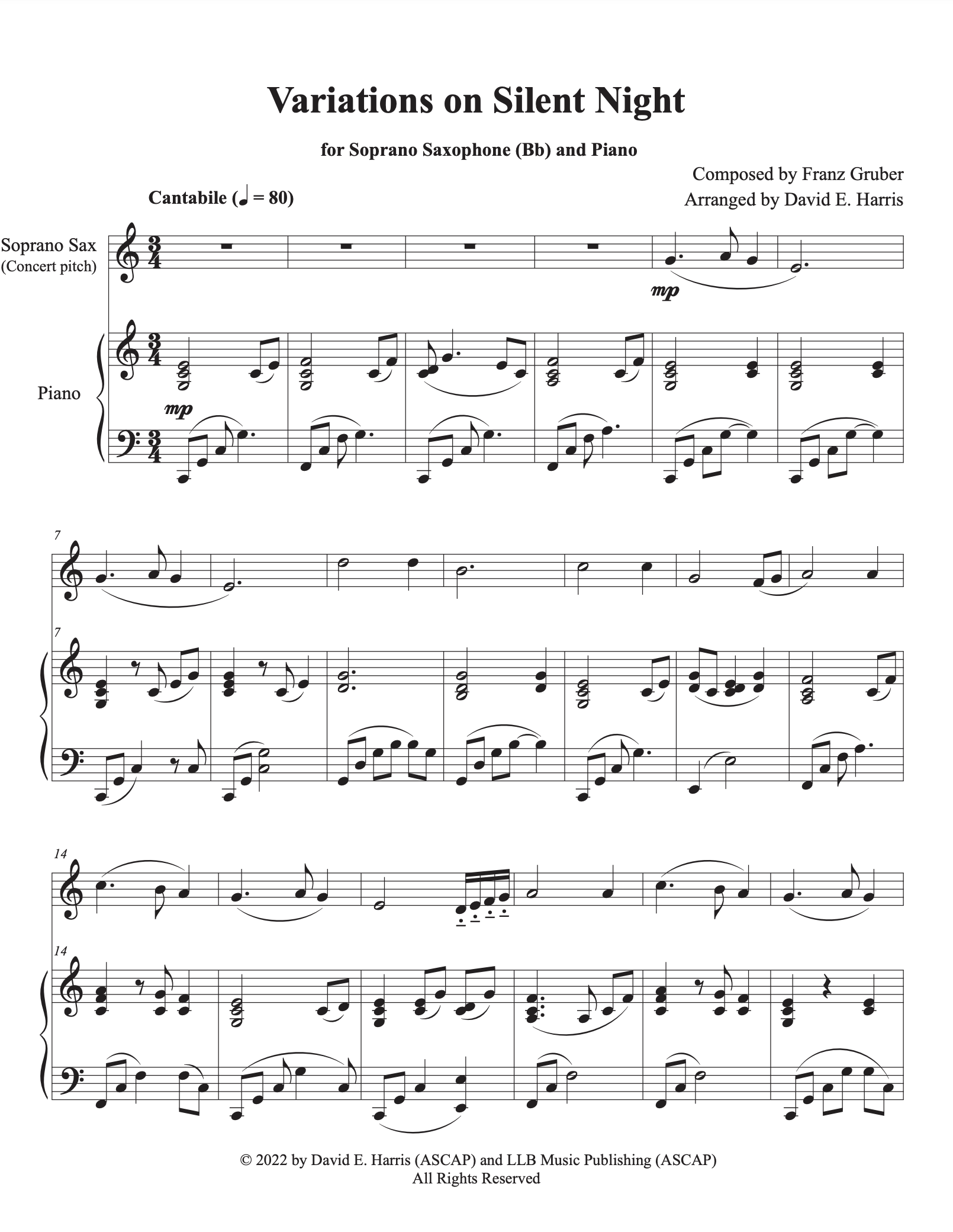 Variations on Silent Night for Soprano Saxophone (Bb) and Piano