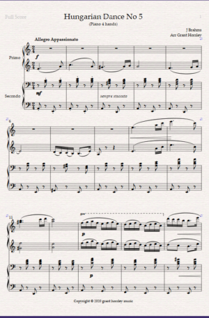 Brahms -Hungarian Dance No 5 – Piano 4 hands Intermediate