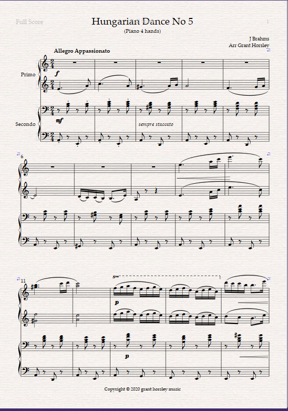 Brahms -Hungarian Dance No 5 – Piano 4 hands Intermediate